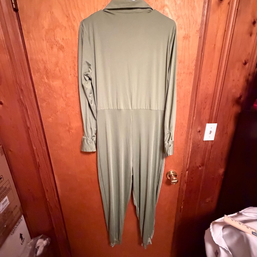 Olive Green Long-Sleeve Twist Front Jumpsuit - Picture 6 of 6